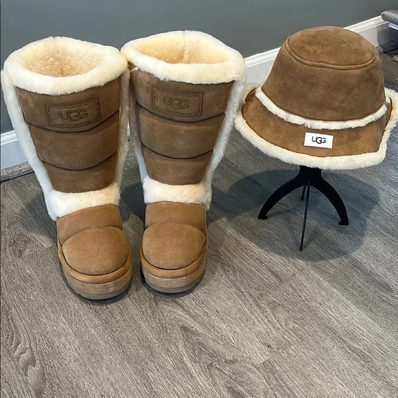 UGG Chestnut Shearling Boots and Hat Set